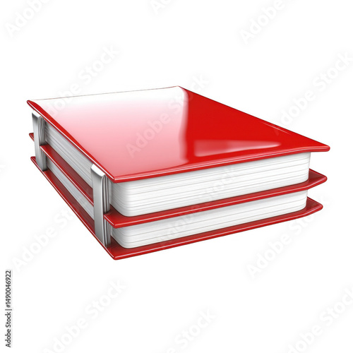 A stack of red and white bound notebooks