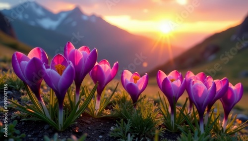 Vibrant crocus flowers blooming in the mountain at sunset, sunset, nature, blooming