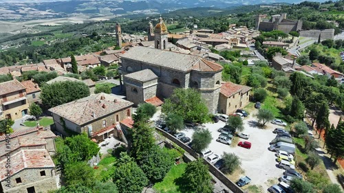 Aerial view of the medieval Italian town of Montalcino. Tuscany. Italy. High quality footage in 4k format