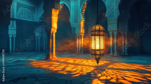Serene Interior of Moroccan Palace with Lantern and Dramatic Lighting