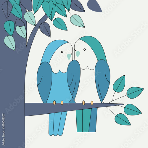 Charming pair of lovebirds perched on a branch, perfect for romantic or nature-themed digital designs.