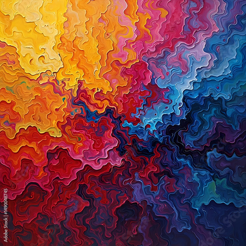 The image features an abstract painting with a vibrant gradient of colors, transitioning from warm yellows at the top to cooler blues at the bottom.