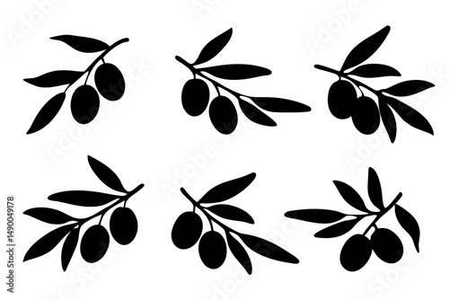 set of olive branches black silhouette vector illustration