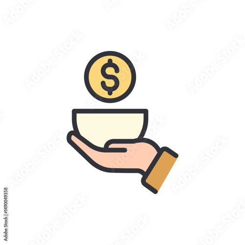 Hand Holding Bowl Receiving Coin Depicting Financial Support Concept