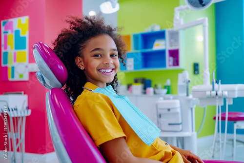 A young girl sitting in a dentist's chair smiling at the camera