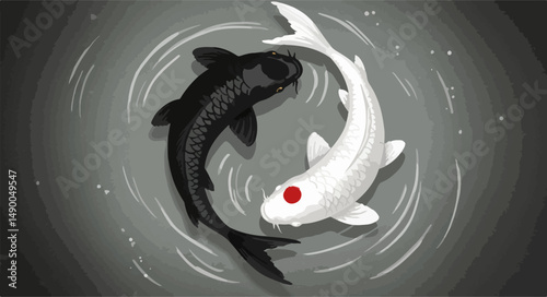 Two koi fish forming a yin-yang shape as they swim in a circle, expressing balance and duality through elegant ink movement.