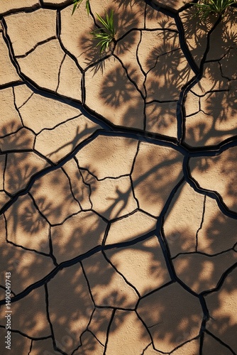 Cracked dry earth with plant shadows in warm sunlight top view