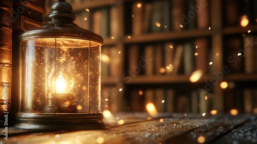 Vintage Lantern Illuminating Dusty Library with Warm Glow