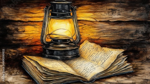Vintage Lantern Illuminating Open Book with Handwritten Pages