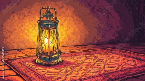 Vintage Lantern on Decorative Rug in Warm Ambient Lighting