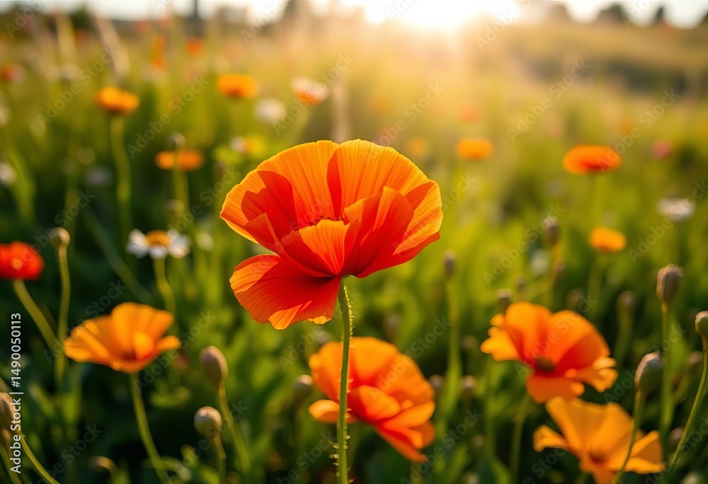 Fototapeta premium Vibrant poppy blooming in sun-drenched meadow, environment, rural