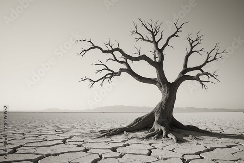 Barren tree with exposed roots on cracked dry earth desert landscape