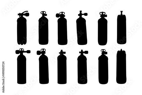 set of scuba diving tanks with regulators black silhouette vector illustration