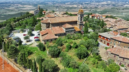 Aerial view of the medieval Italian town of Montalcino. Tuscany. Italy. High quality footage in 4k format