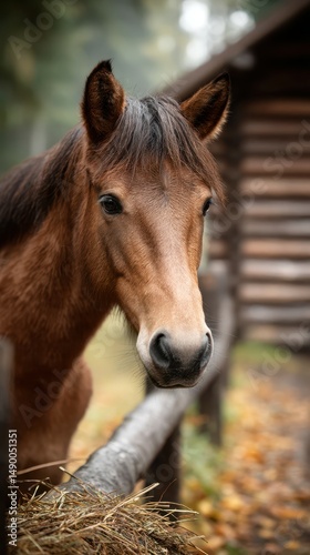 Close-up of a brown horse in a rustic stable setting with autumn leaves scattered on the ground