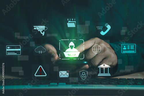 Hacker, Scam alert warning with cybersecurity icons. Businessman being deceived the internet to steal personal information. Warning sign with icons representing online threats, phishing, cybersecurity
