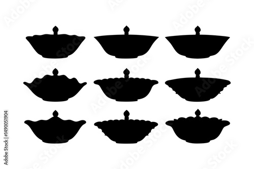 set of traditional diya lamps black silhouette vector illustration