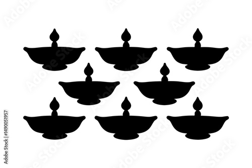 set of traditional diya lamps black silhouette vector illustration