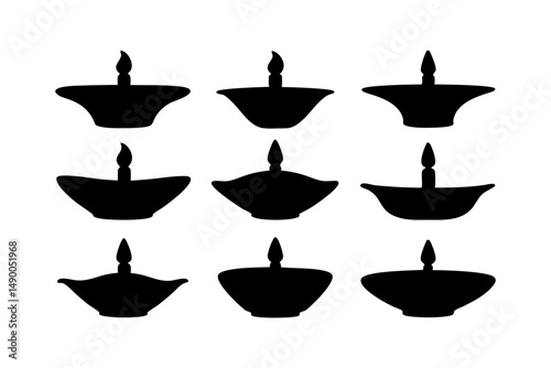 set of traditional diya lamps black silhouette vector illustration