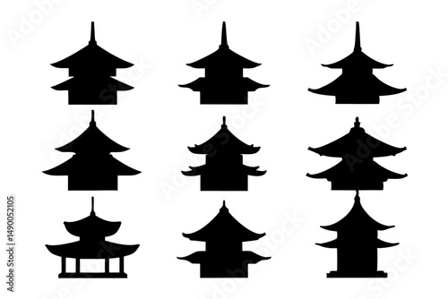set of traditional Japanese pagodas black silhouette vector illustration
