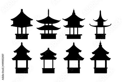 set of traditional Japanese pagodas black silhouette vector illustration