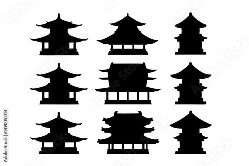 set of traditional Japanese pagodas black silhouette vector illustration