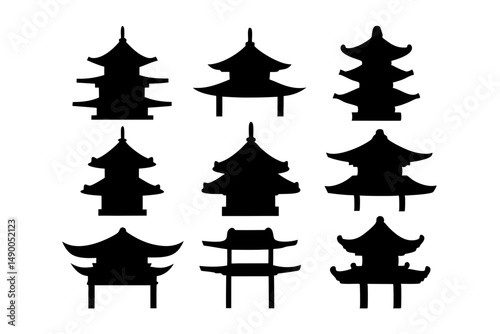 set of traditional Japanese pagodas black silhouette vector illustration