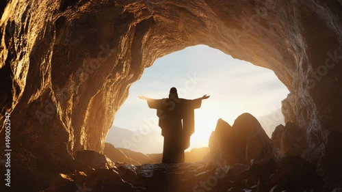 Religious video of Jesus Christ with open arms in cave, resurrection concept, faith, hope, and salvation through belief in God.