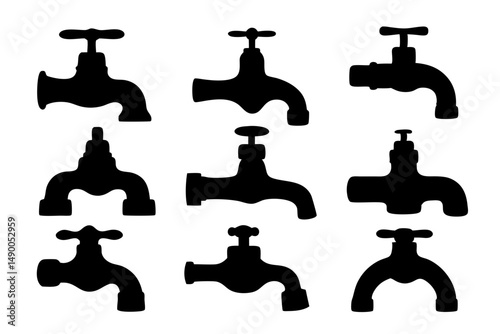 set of water taps black silhouette vector illustration