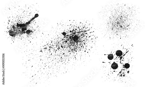 A set of sketches made from spilled black paint. The color of the spots ranges from light gray to black. A collection of vector spots for grunge design and decor, highlighted on a white background.