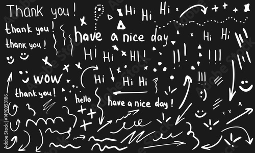 A set of decorative elements in the form of arrows, inscriptions, emoticons, words and other elements. Vector illustration, hand-drawn on a black background.