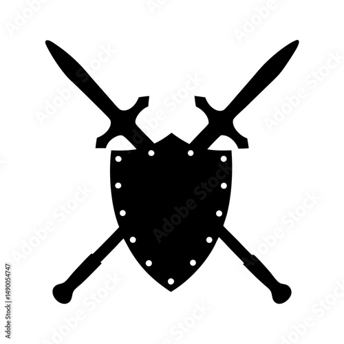Medieval shield and swords black silhouette vector illustration