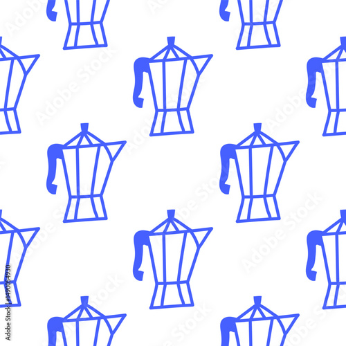 A cute simple seamless pattern with blue geyser coffee maker. Italian mocha pot line print.