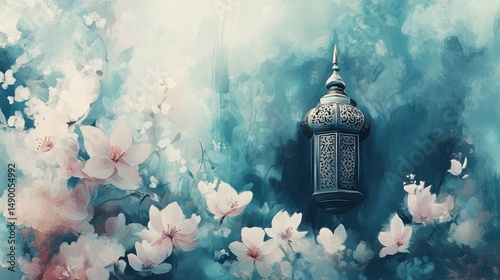 Elegant Lantern Surrounded by Blooming Flowers in Soft Colors