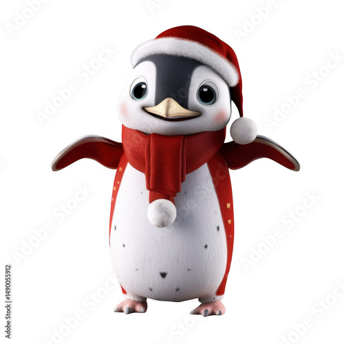A penguin wearing a santa hat and scarf
