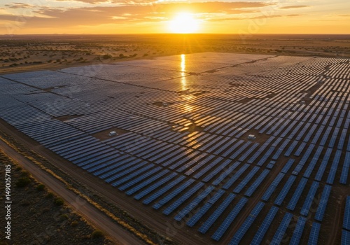 aerial view of a large solar panel farm at sunset in a rural landscape