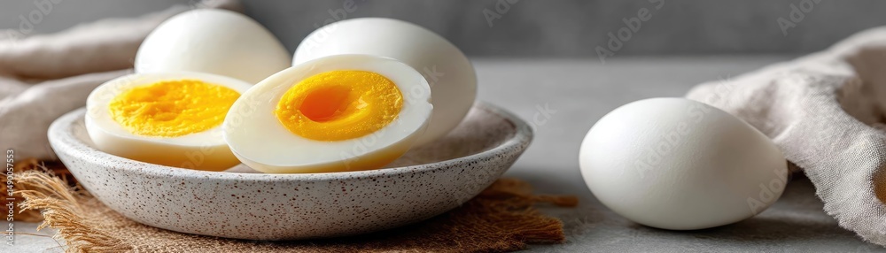 Fototapeta premium Simple cooking for nutrition with protein and yolk concept. Delicious boiled eggs in a bowl, perfect for healthy meals.