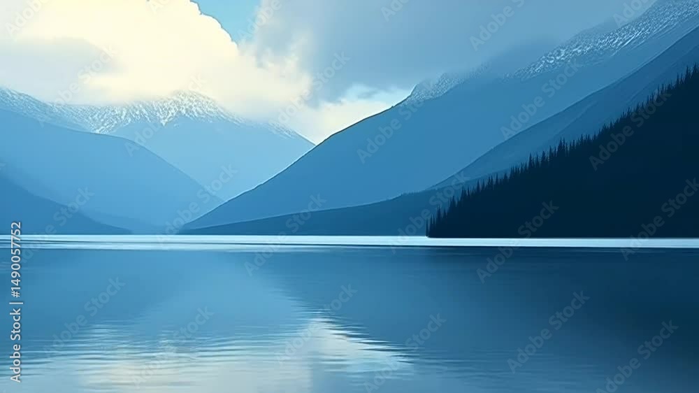 Peaceful alpine lake with mountain reflections and clouds in calm blue landscape, seamless 4k animation background