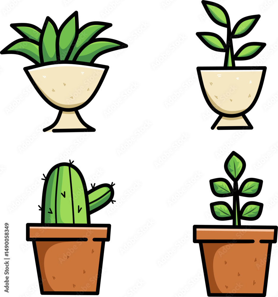 Fototapeta premium Plants vector icon set of 4 Potted with simple shading featuring cactus and other plants