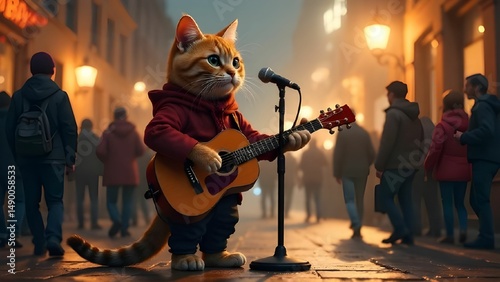 Cat musician with guitar and microphone singing on the street for passers-by
