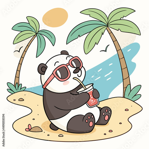 Cool panda relaxing on the beach, wearing sunglasses and sipping juice – fun summer animal illustration.