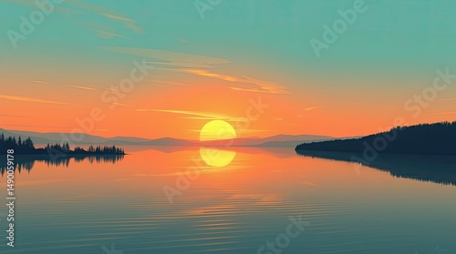 A scenic view of a sunset over a calm lake with silhouettes of trees and mountains in the distance