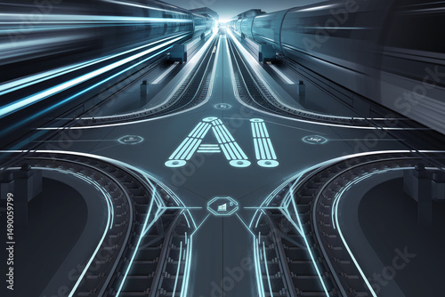 Futuristic train tracks converging at AI symbol, glowing lines, symbolizing technological advancement, efficiency, and intelligent transport systems