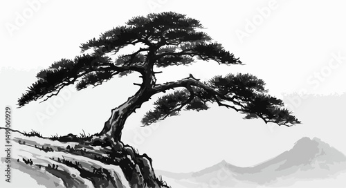 A lone pine tree growing from a cliffside, bent by years of wind. Captured in angular brush strokes that convey both resilience and isolation
