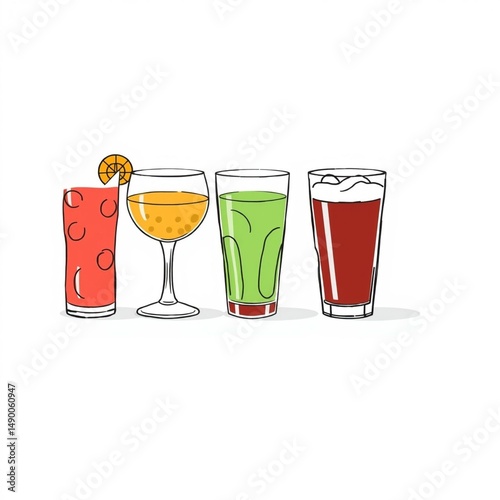 Colorful drinks in four glasses with ice and a slice of