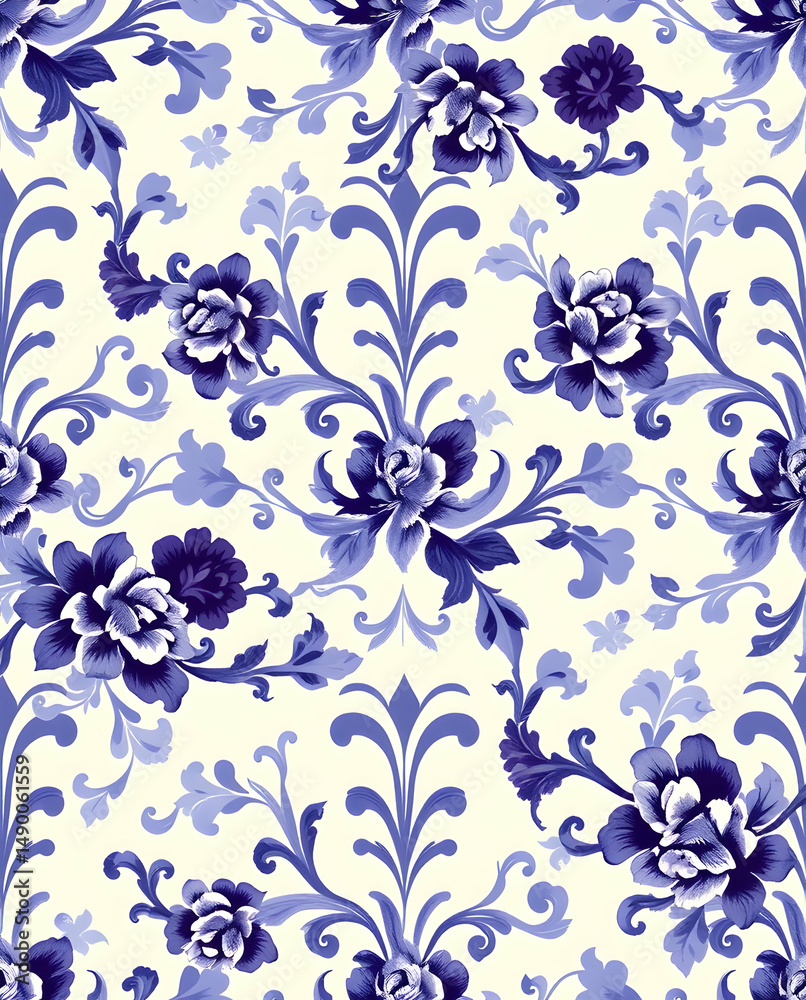 Fototapeta premium Victorian Baroque damask pattern in indigo violet elegance.