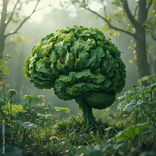 The image presents a surrealistic view of a green leafy plant resembling a human brain, nestled amidst lush greenery and dappled sunlight.