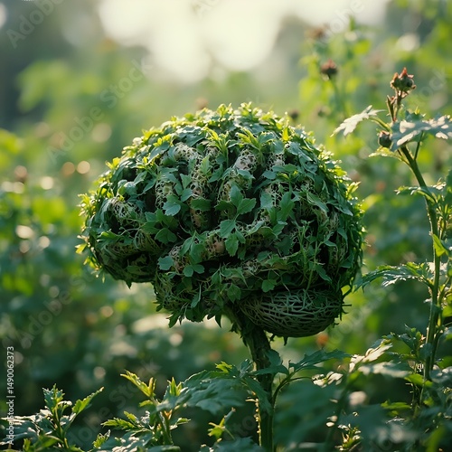 A close-up of a leafy topiary resembling a human brain, set against a blurred background of greenery.