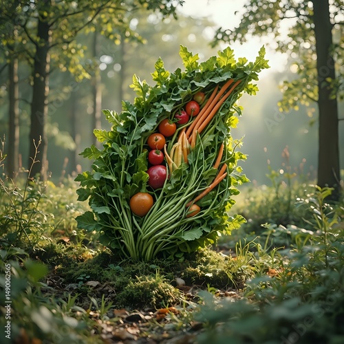 The image features a garden scene with a plant-like structure designed to look like a leafy vegetable, containing tomatoes, carrots, and other produce, surrounded by lush greenery.