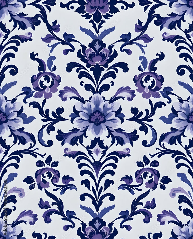 Fototapeta premium Victorian Baroque damask pattern in indigo violet elegance.